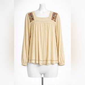 Knox Rose Cream Embroidered Peasant Blouse Lace Eyelet Boho Top Small